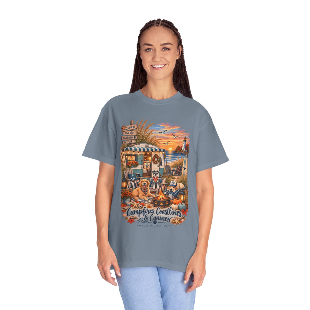Campfires, Coastlines & Canines T-Shirt — Retro Camper Dog Camping Graphic Tee