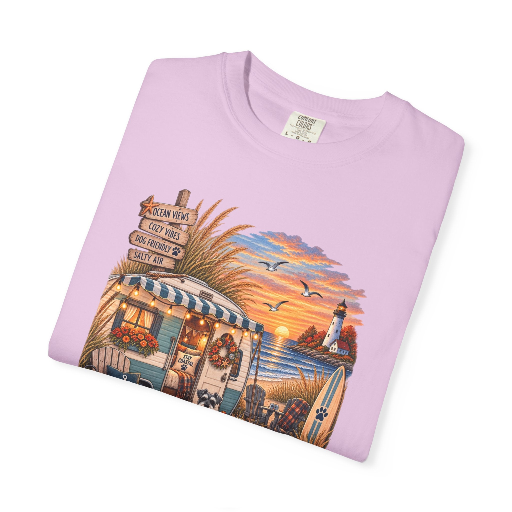 Campfires, Coastlines & Canines T-Shirt — Retro Camper Dog Camping Graphic Tee