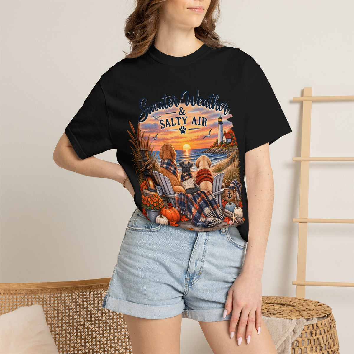 Sweater Weather & Salty Air T-Shirt — Autumn Beach Sunset Graphic Tee