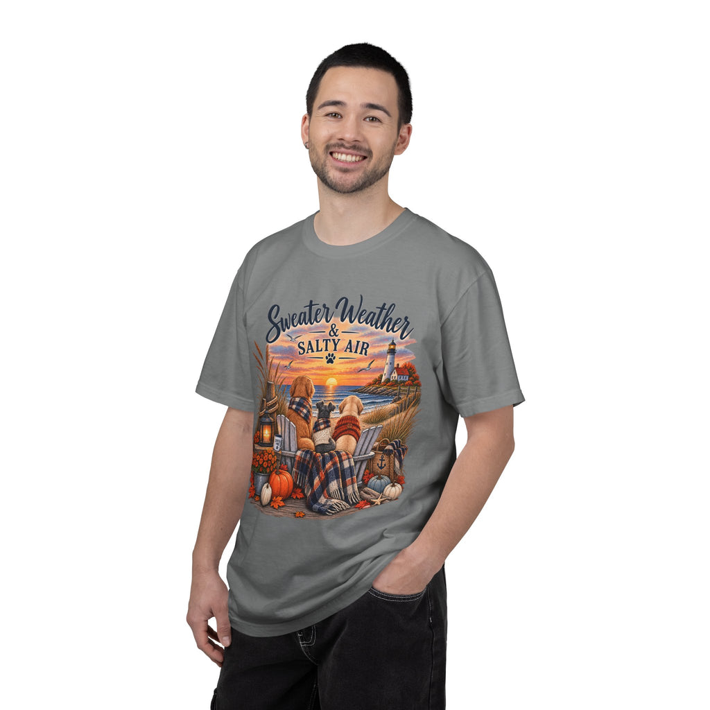 Sweater Weather & Salty Air T-Shirt — Autumn Beach Sunset Graphic Tee