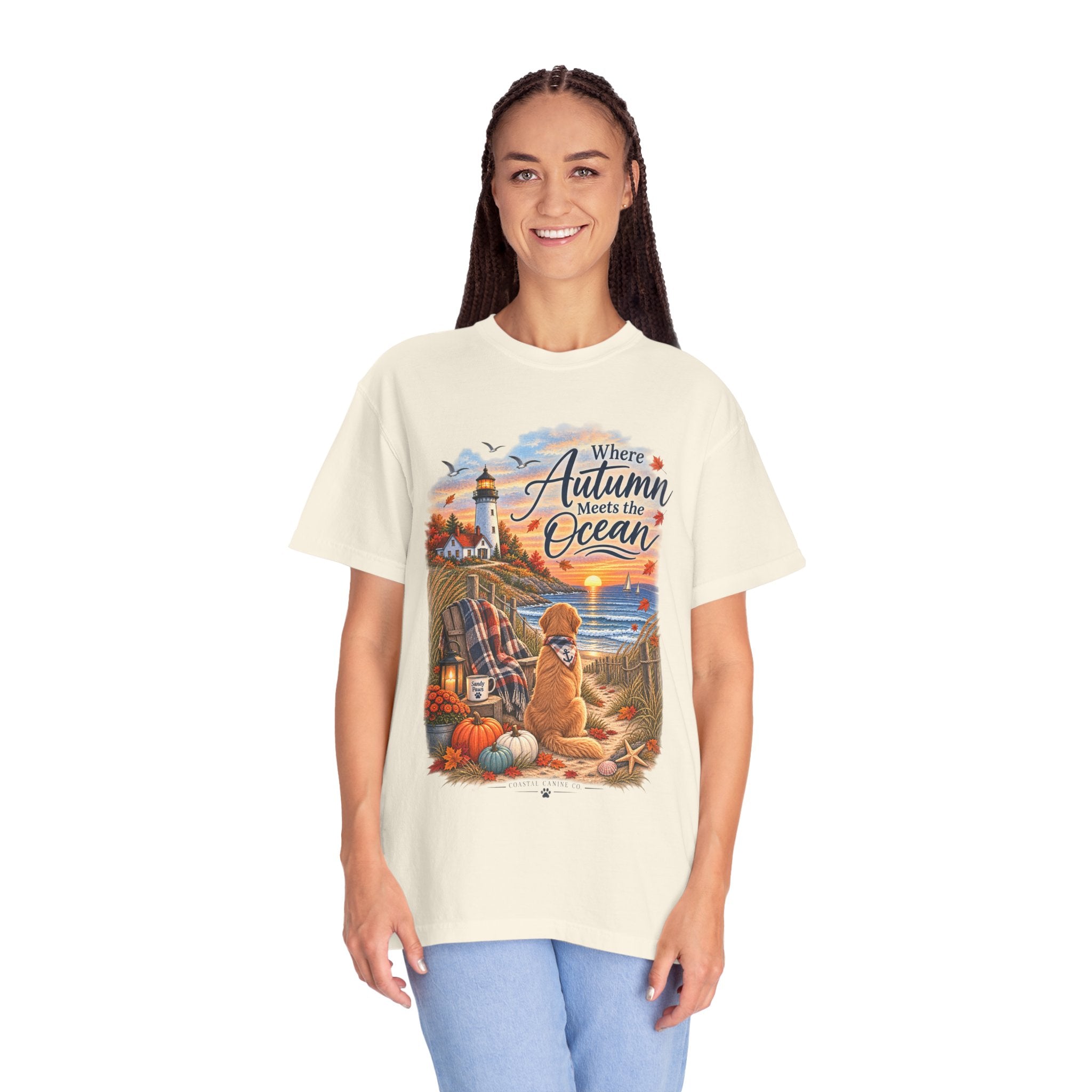 Autumn Meets the Ocean T-Shirt — Cozy Coastal Fall Tee with Golden Retriever