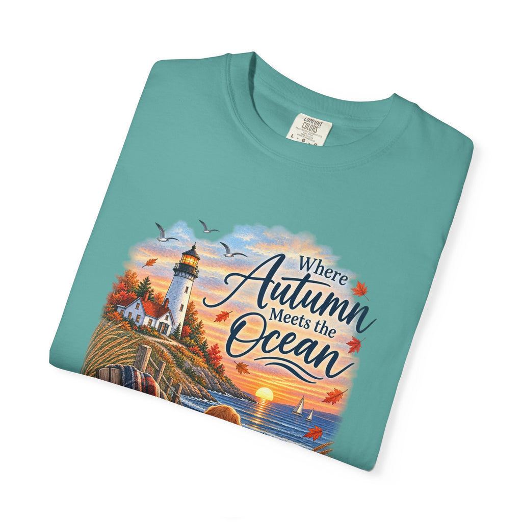 Autumn Meets the Ocean T-Shirt — Cozy Coastal Fall Tee with Golden Retriever