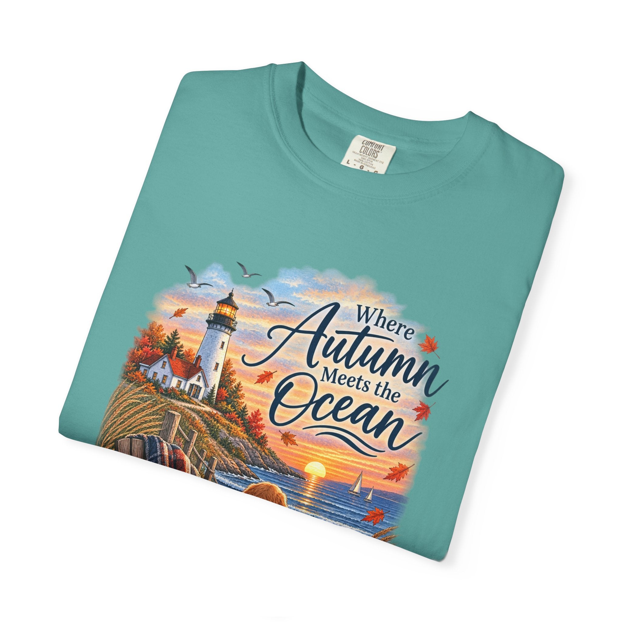Autumn Meets the Ocean T-Shirt — Cozy Coastal Fall Tee with Golden Retriever