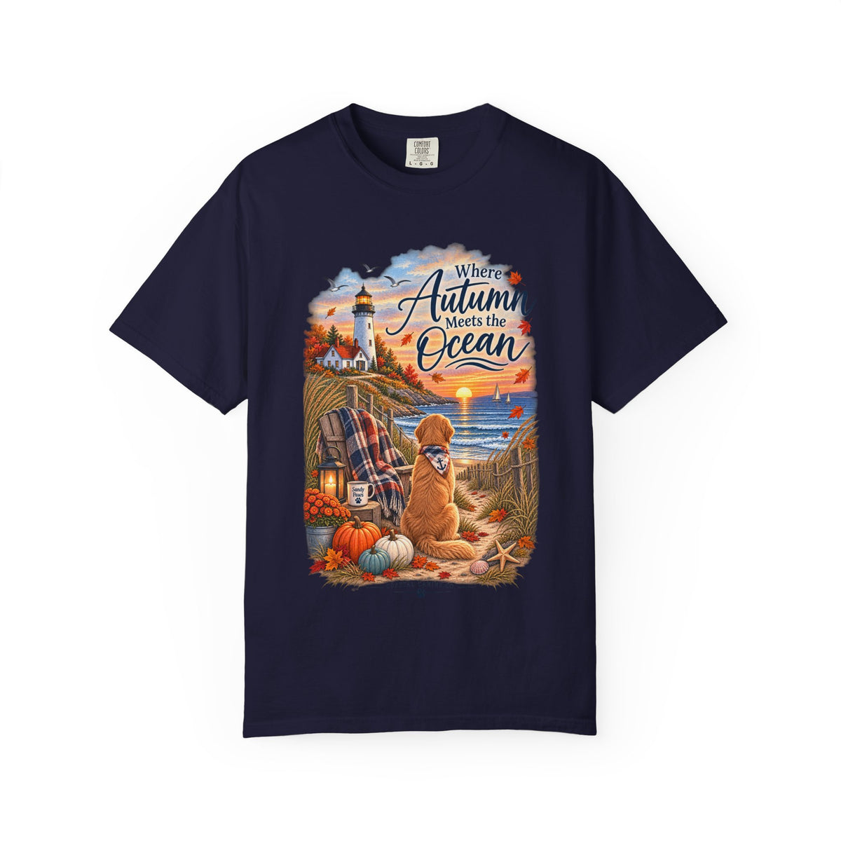 Autumn Meets the Ocean T-Shirt — Cozy Coastal Fall Tee with Golden Retriever