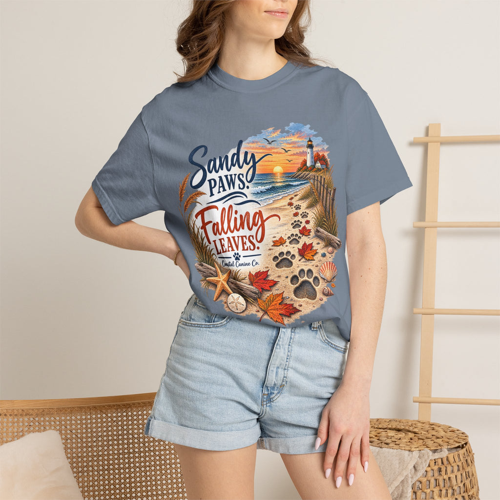 Sandy Paws Falling Leaves Beach T-Shirt — Autumn Coastal Dog Lover Tee