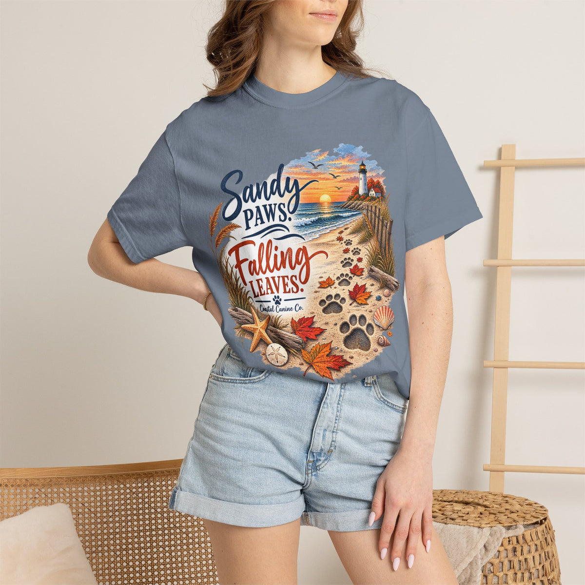 Sandy Paws Falling Leaves Beach T-Shirt — Autumn Coastal Dog Lover Tee