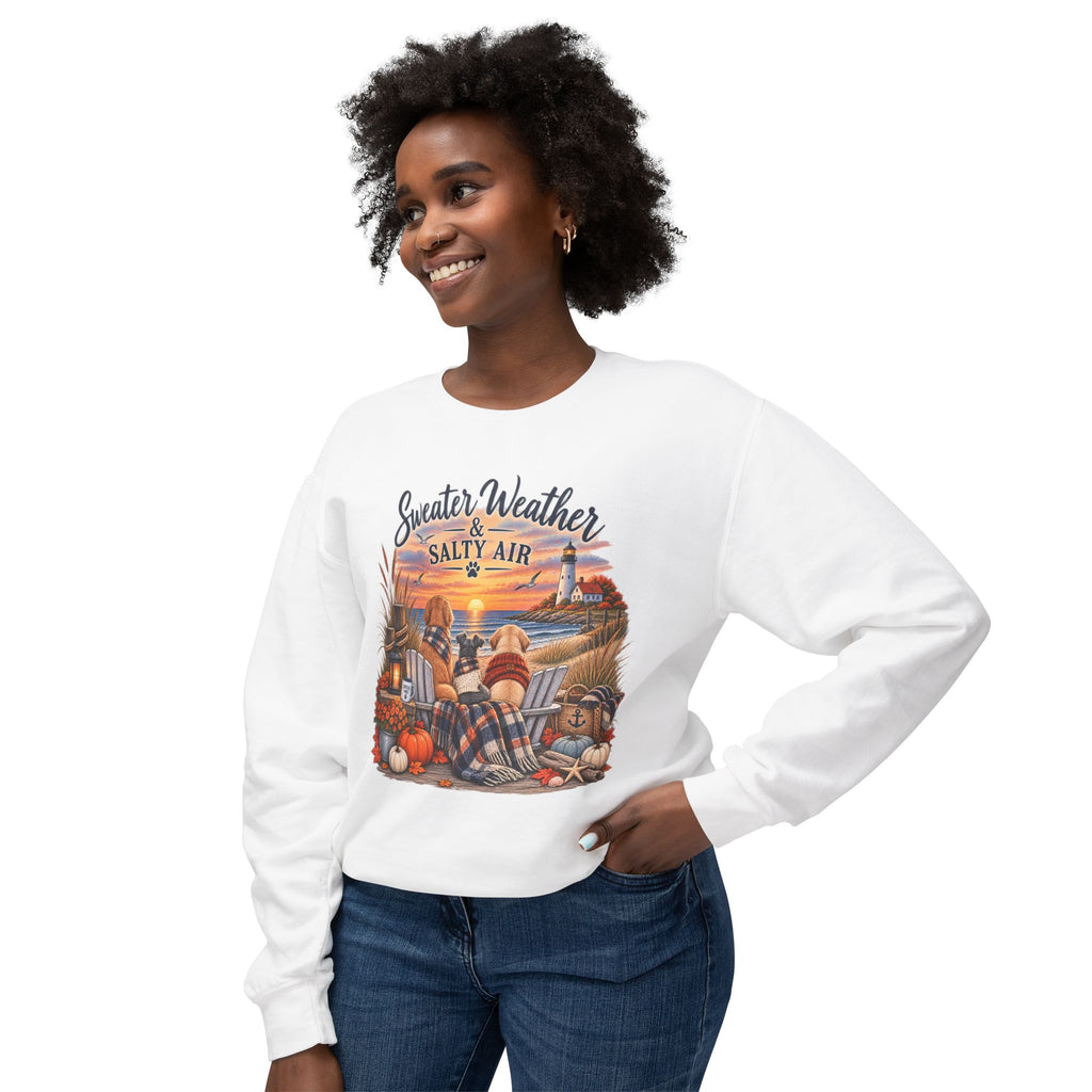 Sweater Weather & Salty Air Crewneck Sweatshirt — Coastal Fall Sunset Design