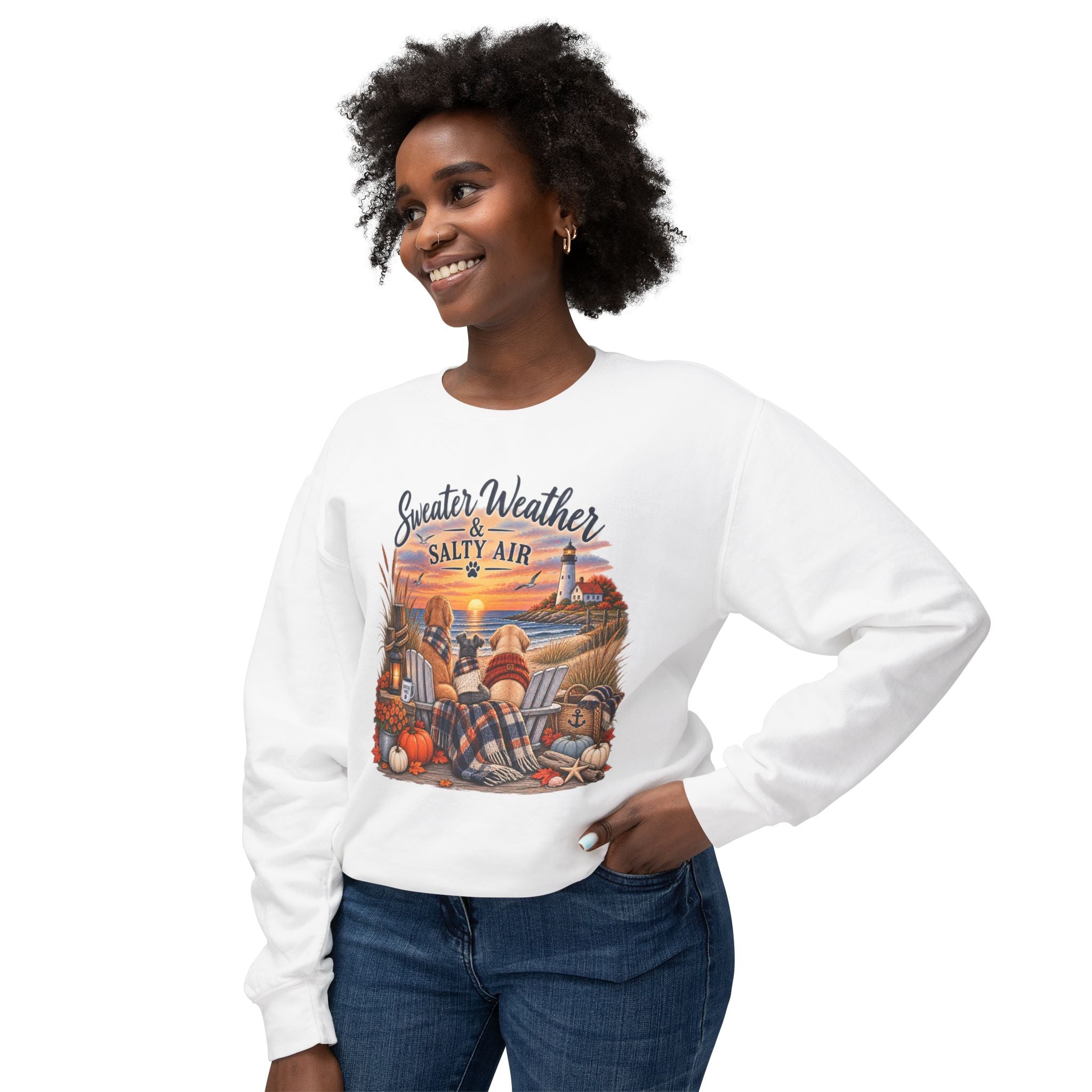 Sweater Weather & Salty Air Crewneck Sweatshirt — Coastal Fall Sunset Design