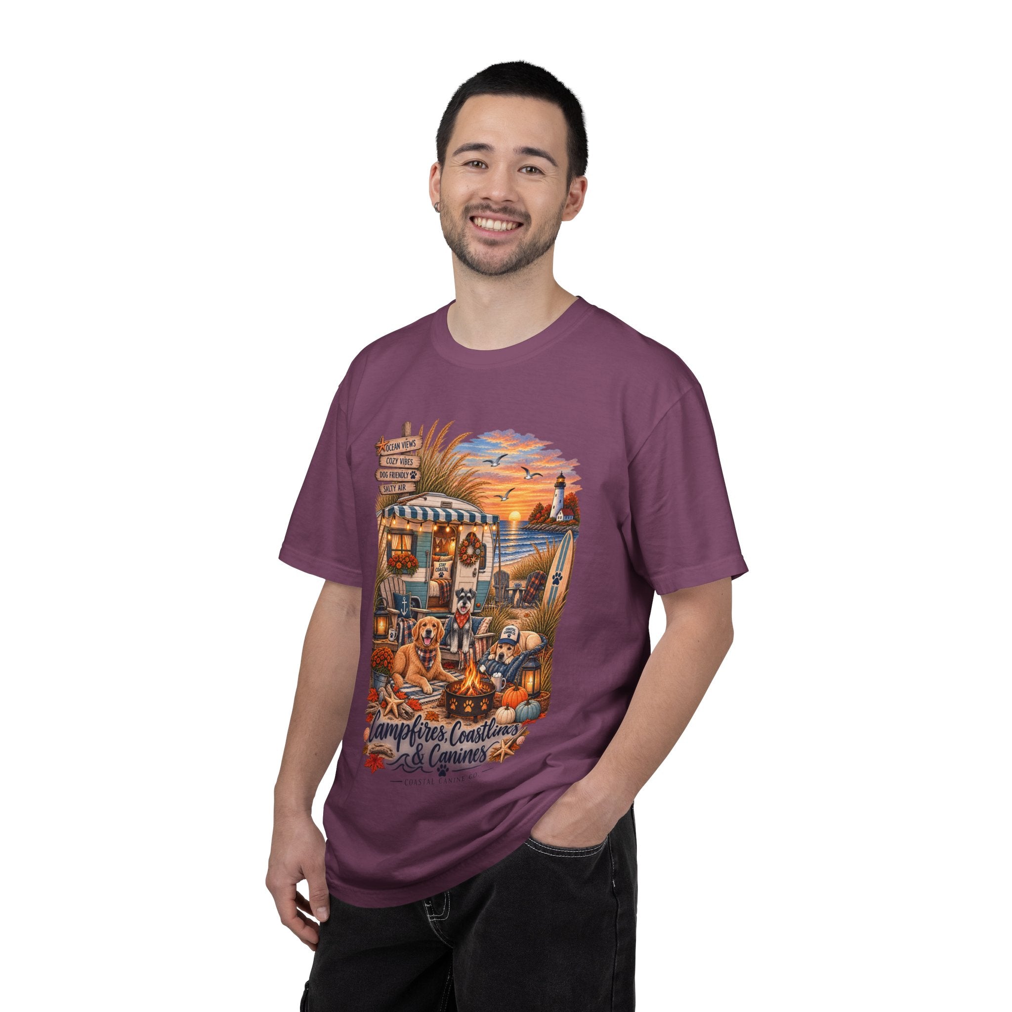 Campfires, Coastlines & Canines T-Shirt — Retro Camper Dog Camping Graphic Tee