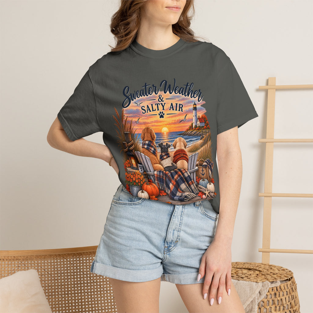 Sweater Weather & Salty Air T-Shirt — Autumn Beach Sunset Graphic Tee