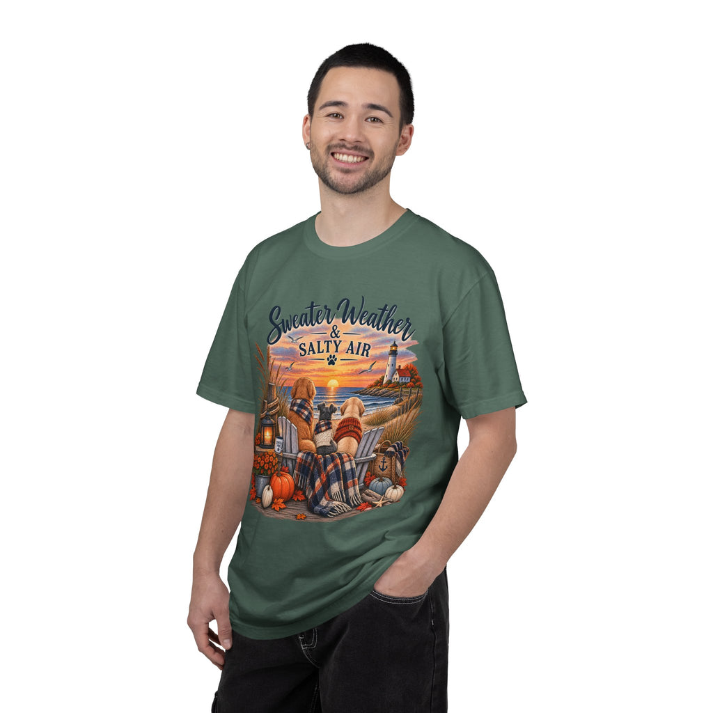 Sweater Weather & Salty Air T-Shirt — Autumn Beach Sunset Graphic Tee