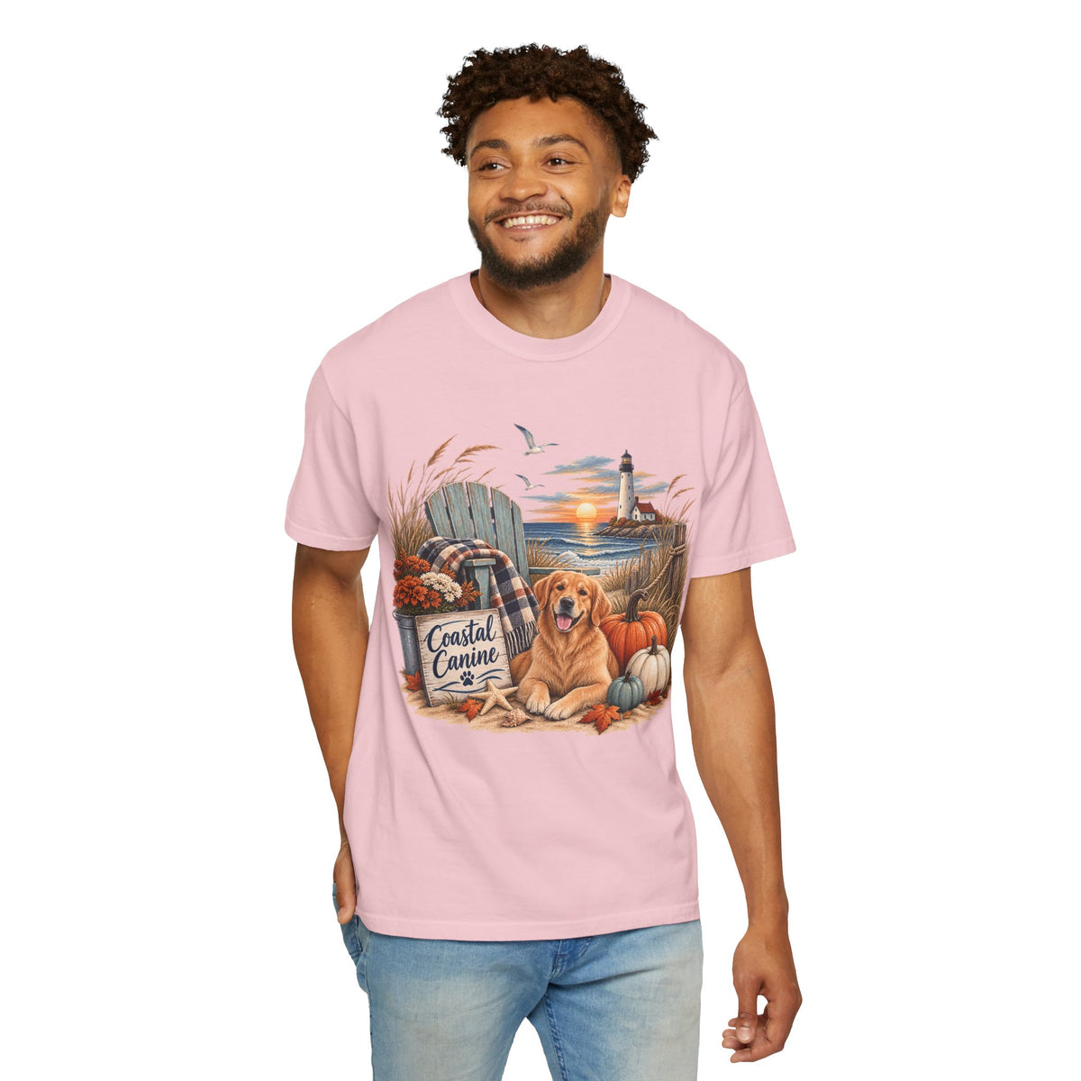 Coastal Canine Fall T-Shirt — Lighthouse, Labrador & Pumpkin Beach Tee