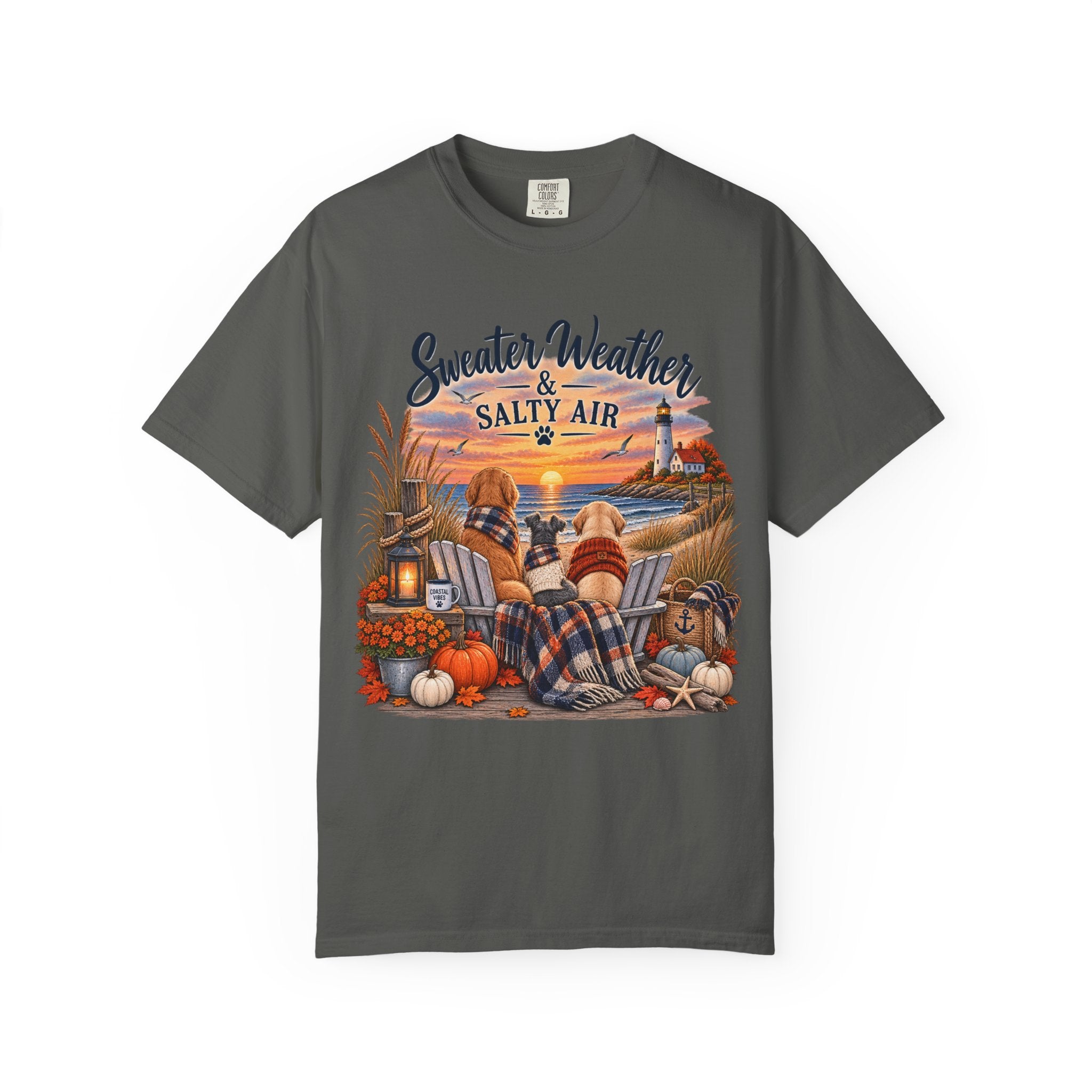 Sweater Weather & Salty Air T-Shirt — Autumn Beach Sunset Graphic Tee