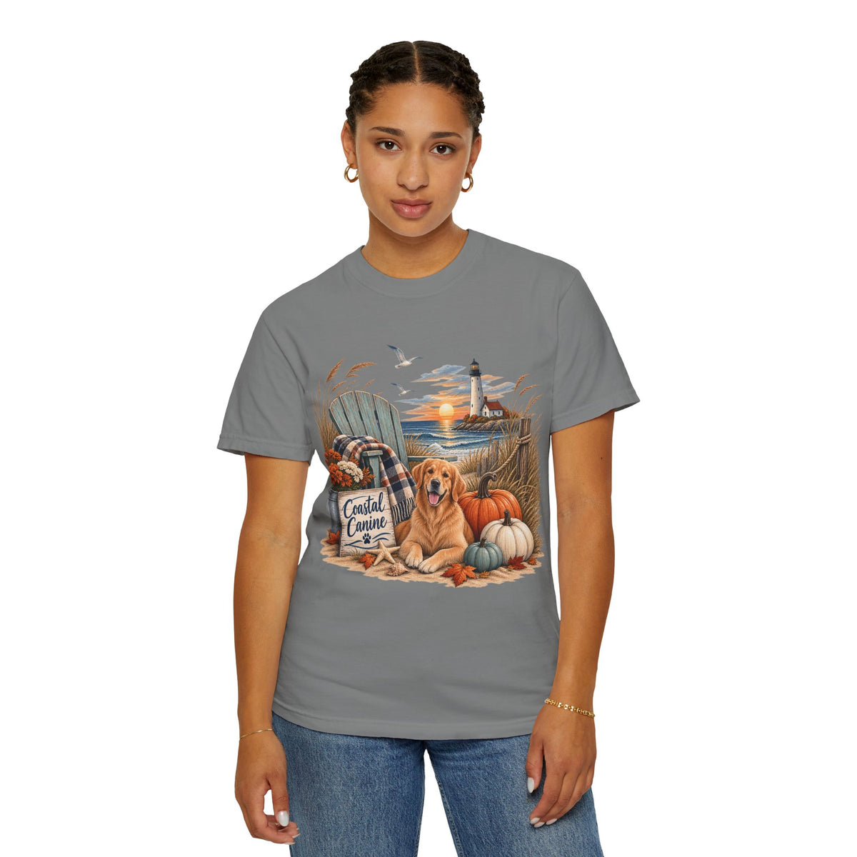 Coastal Canine Fall T-Shirt — Lighthouse, Labrador & Pumpkin Beach Tee