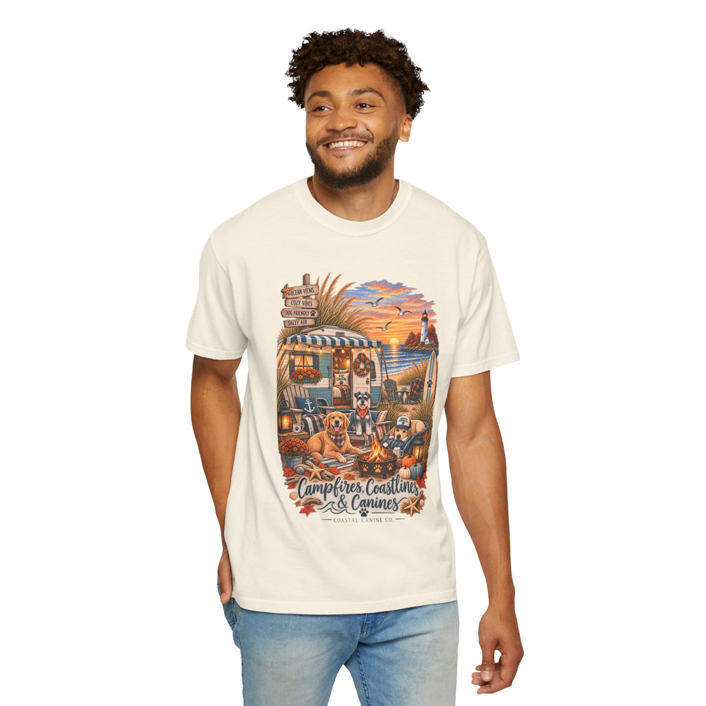 Campfires, Coastlines & Canines T-Shirt — Retro Camper Dog Camping Graphic Tee
