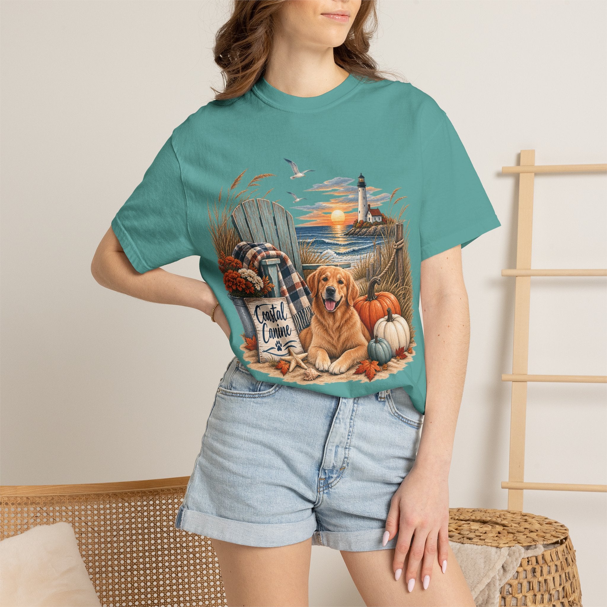 Coastal Canine Fall T-Shirt — Lighthouse, Labrador & Pumpkin Beach Tee