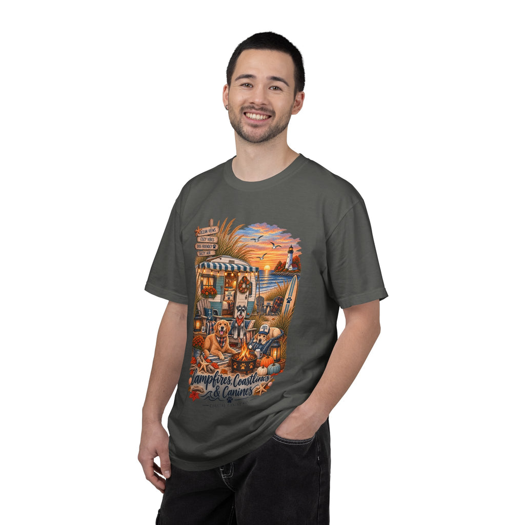 Campfires, Coastlines & Canines T-Shirt — Retro Camper Dog Camping Graphic Tee
