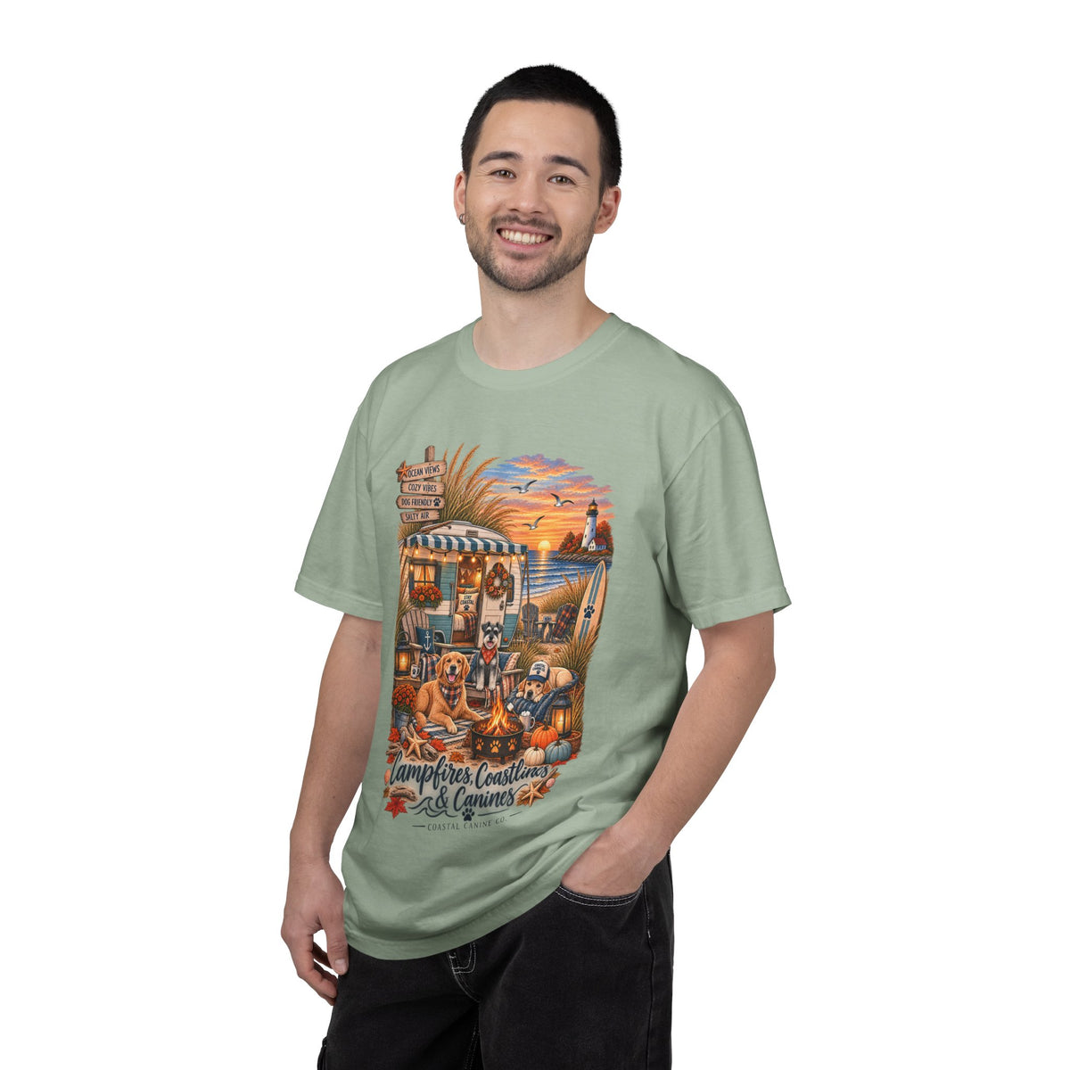 Campfires, Coastlines & Canines T-Shirt — Retro Camper Dog Camping Graphic Tee