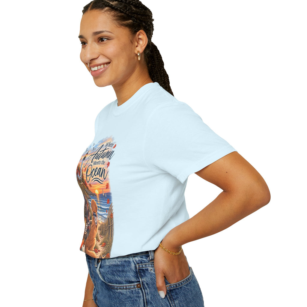 Autumn Meets the Ocean T-Shirt — Cozy Coastal Fall Tee with Golden Retriever