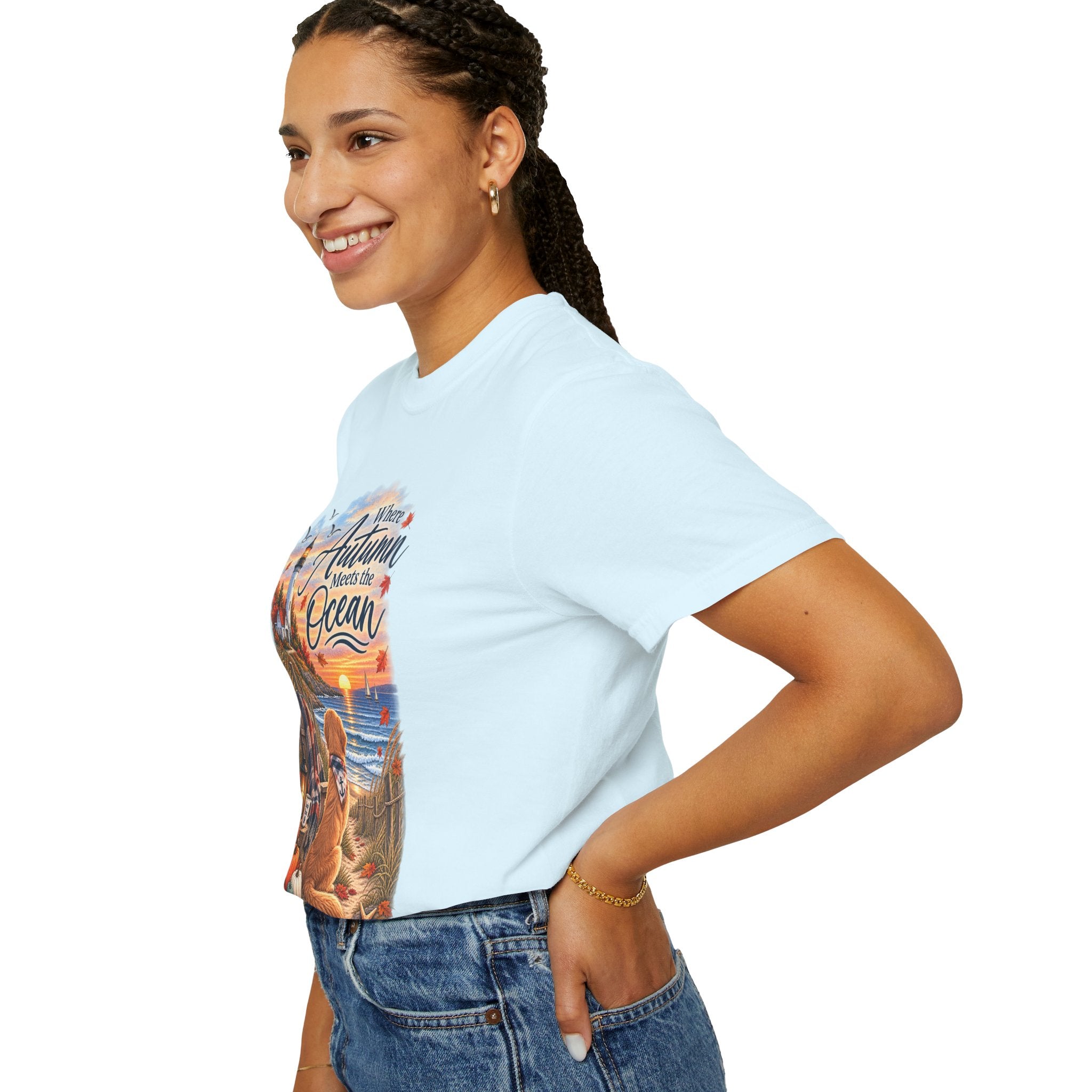 Autumn Meets the Ocean T-Shirt — Cozy Coastal Fall Tee with Golden Retriever