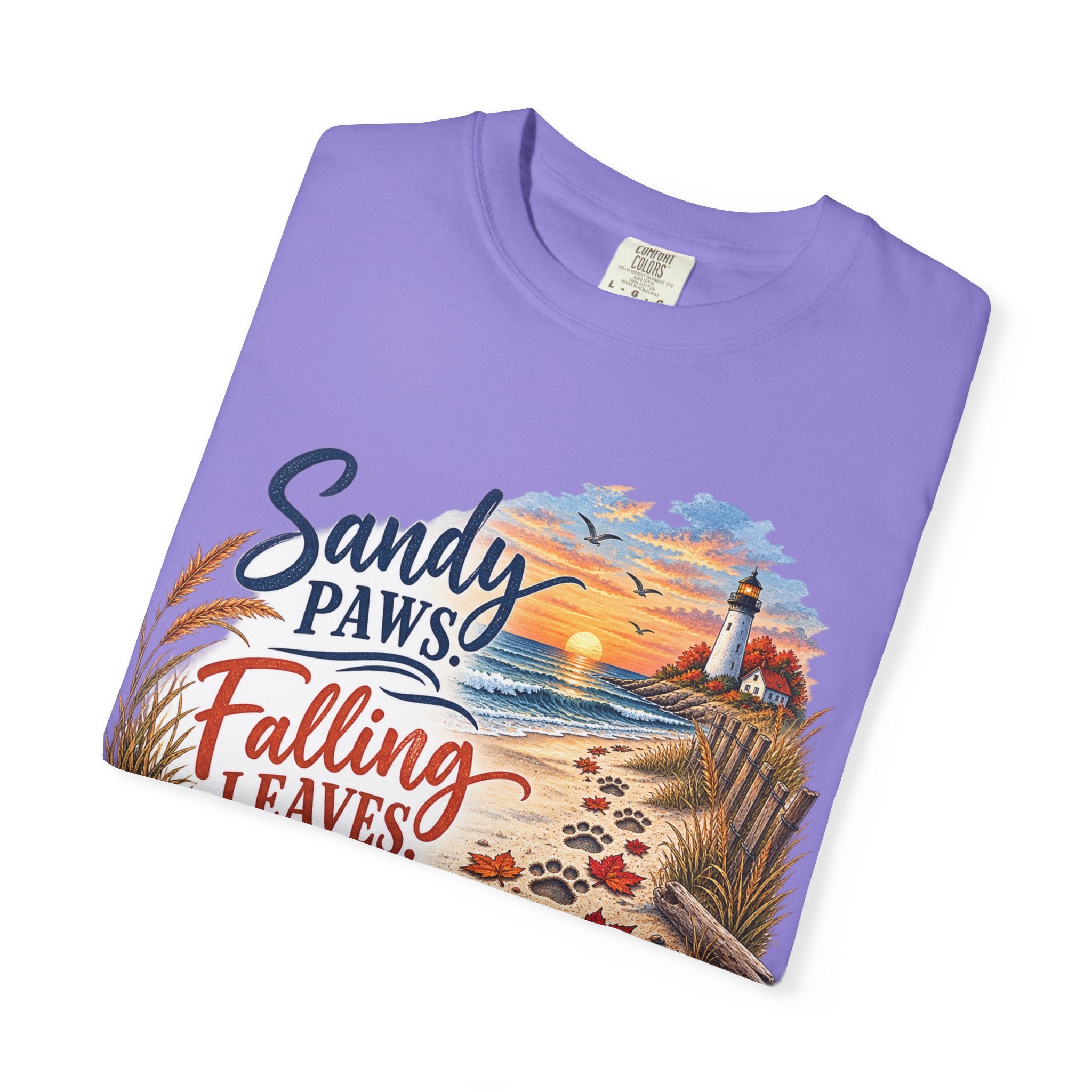 Sandy Paws Falling Leaves Beach T-Shirt — Autumn Coastal Dog Lover Tee