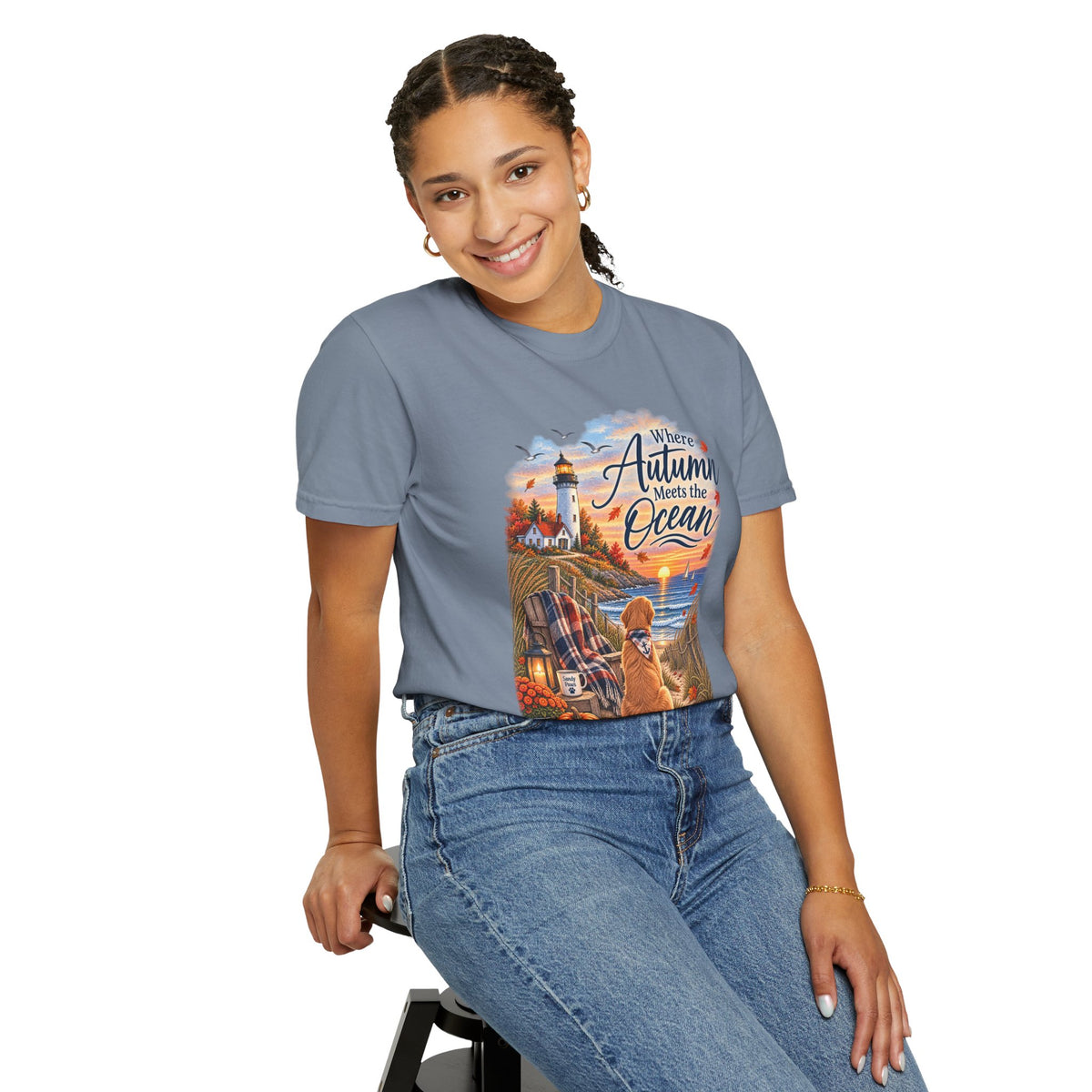 Autumn Meets the Ocean T-Shirt — Cozy Coastal Fall Tee with Golden Retriever