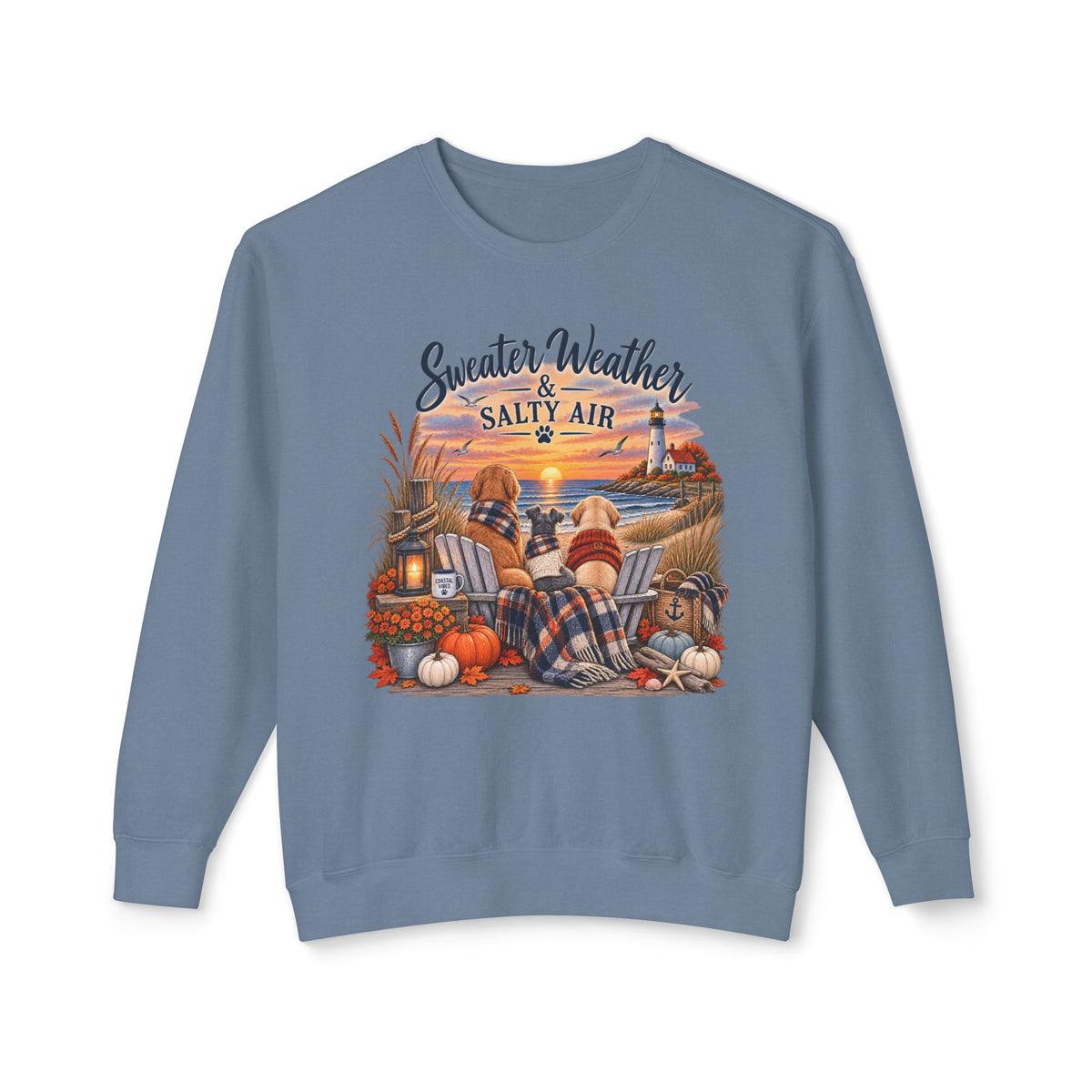 Sweater Weather & Salty Air Crewneck Sweatshirt — Coastal Fall Sunset Design