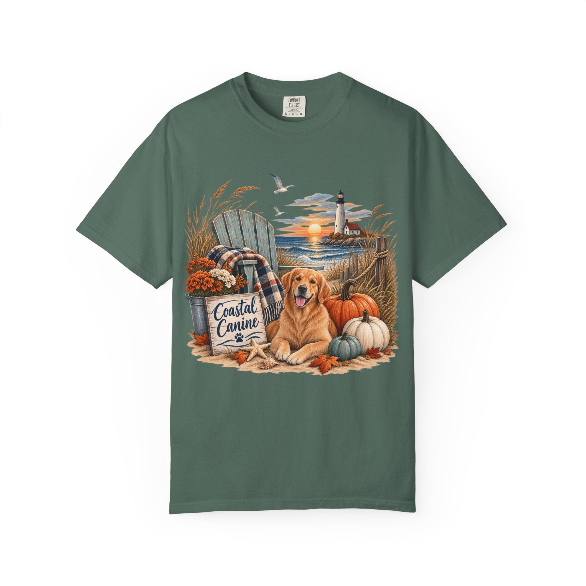 Coastal Canine Fall T-Shirt — Lighthouse, Labrador & Pumpkin Beach Tee