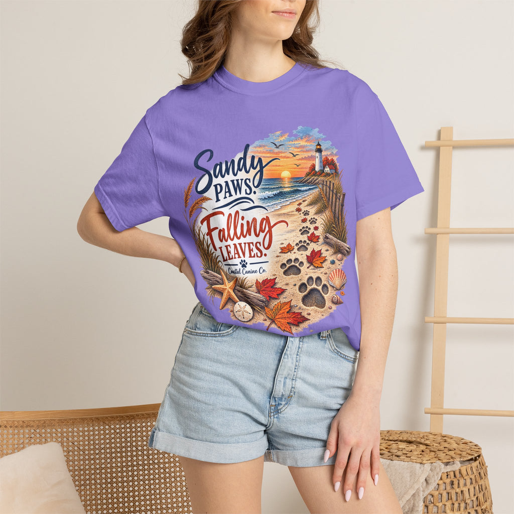 Sandy Paws Falling Leaves Beach T-Shirt — Autumn Coastal Dog Lover Tee
