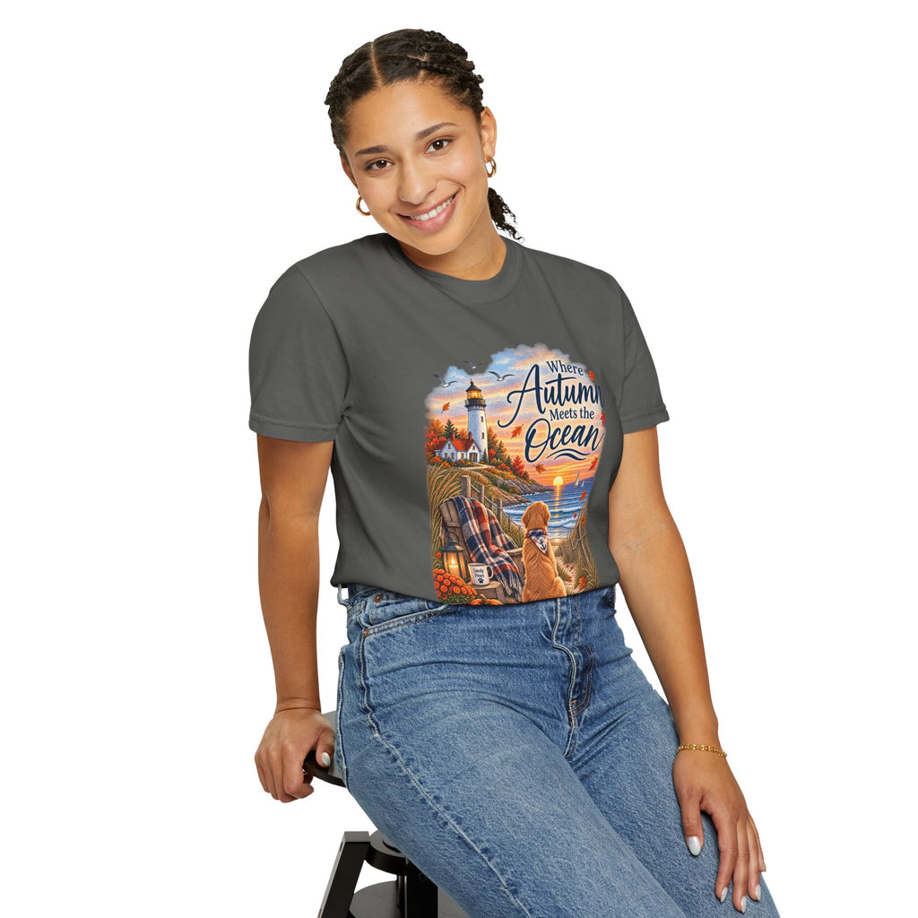Autumn Meets the Ocean T-Shirt — Cozy Coastal Fall Tee with Golden Retriever