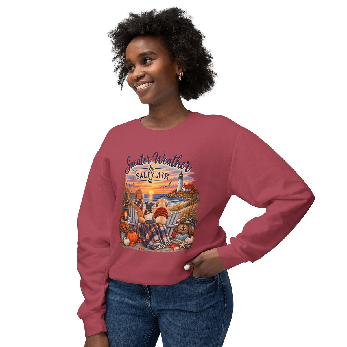 Sweater Weather & Salty Air Crewneck Sweatshirt — Coastal Fall Sunset Design