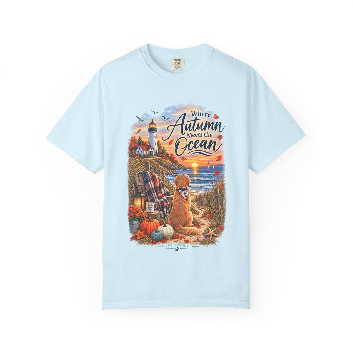 Autumn Meets the Ocean T-Shirt — Cozy Coastal Fall Tee with Golden Retriever