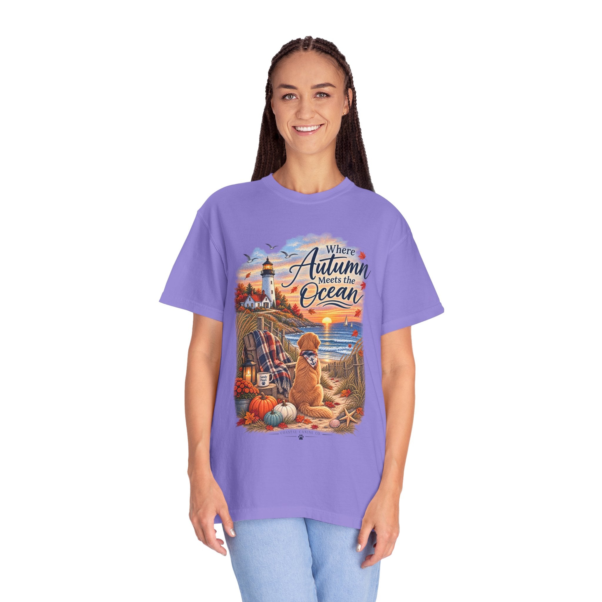 Autumn Meets the Ocean T-Shirt — Cozy Coastal Fall Tee with Golden Retriever