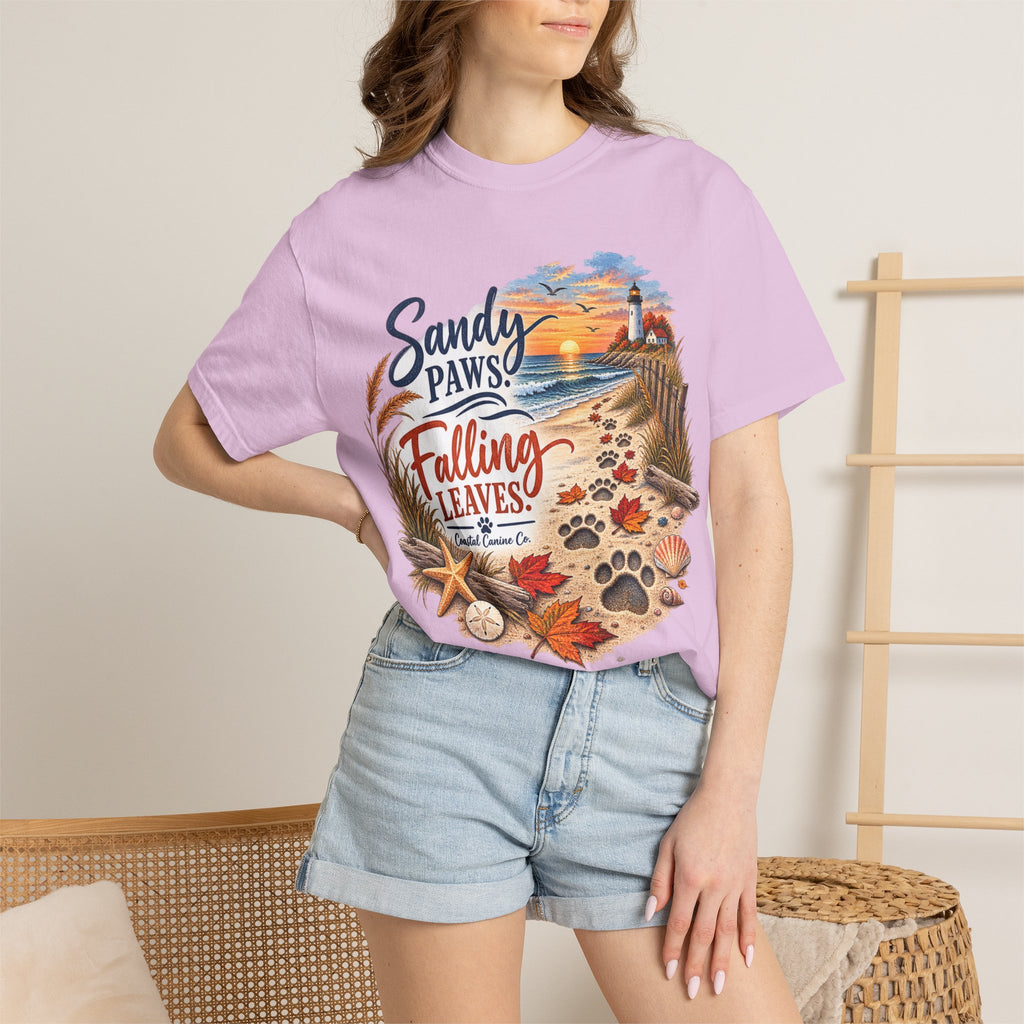 Sandy Paws Falling Leaves Beach T-Shirt — Autumn Coastal Dog Lover Tee