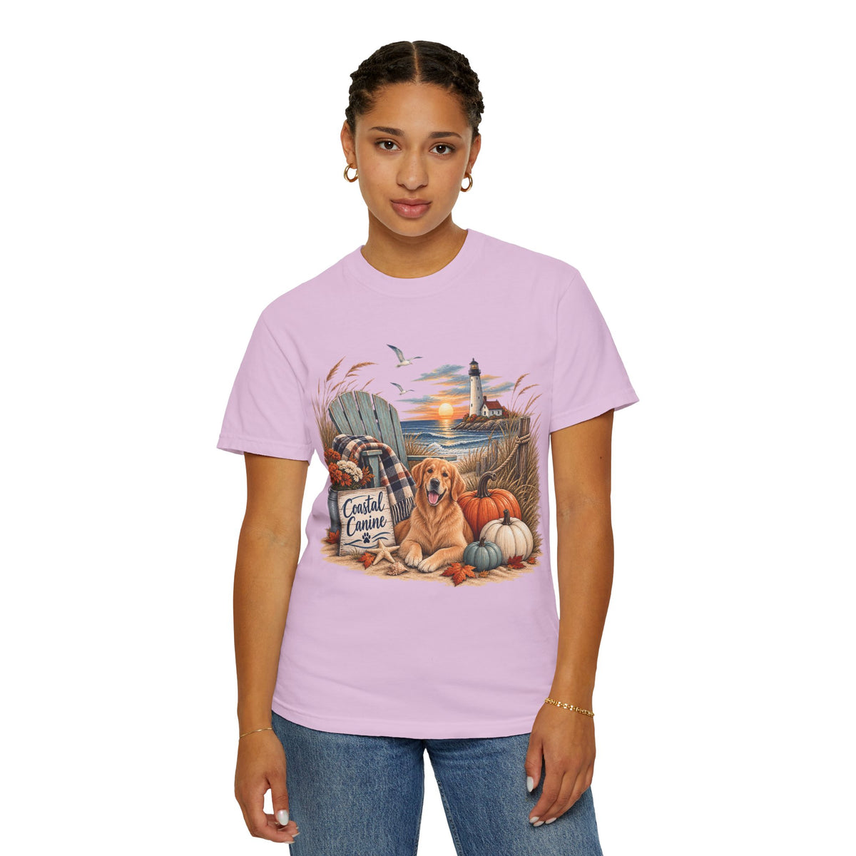 Coastal Canine Fall T-Shirt — Lighthouse, Labrador & Pumpkin Beach Tee