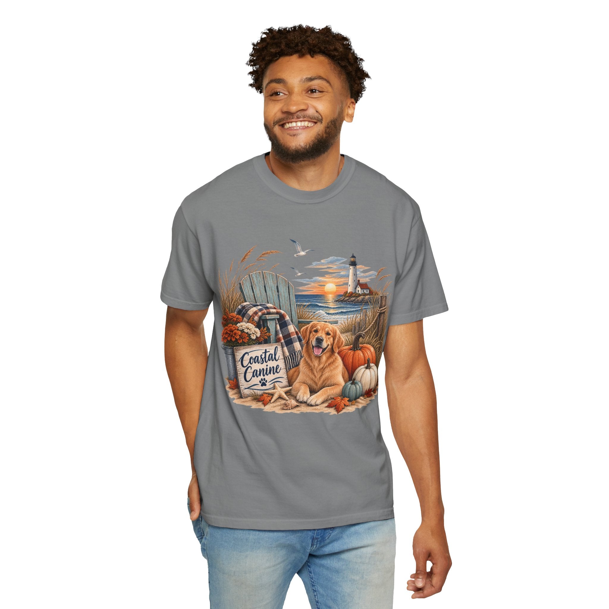 Coastal Canine Fall T-Shirt — Lighthouse, Labrador & Pumpkin Beach Tee