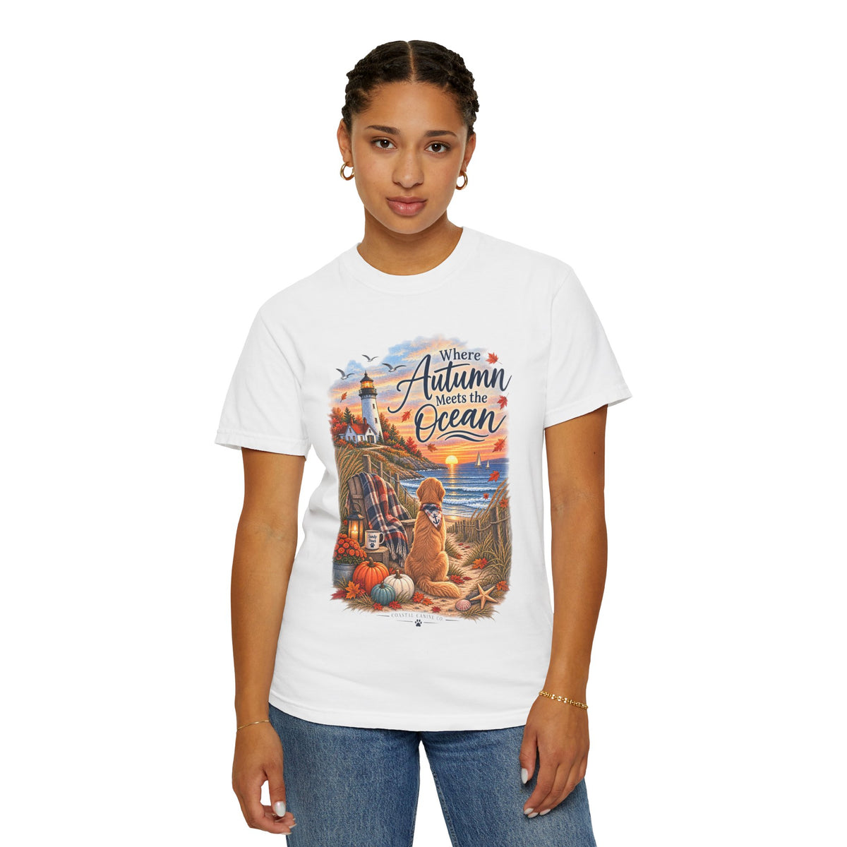 Autumn Meets the Ocean T-Shirt — Cozy Coastal Fall Tee with Golden Retriever