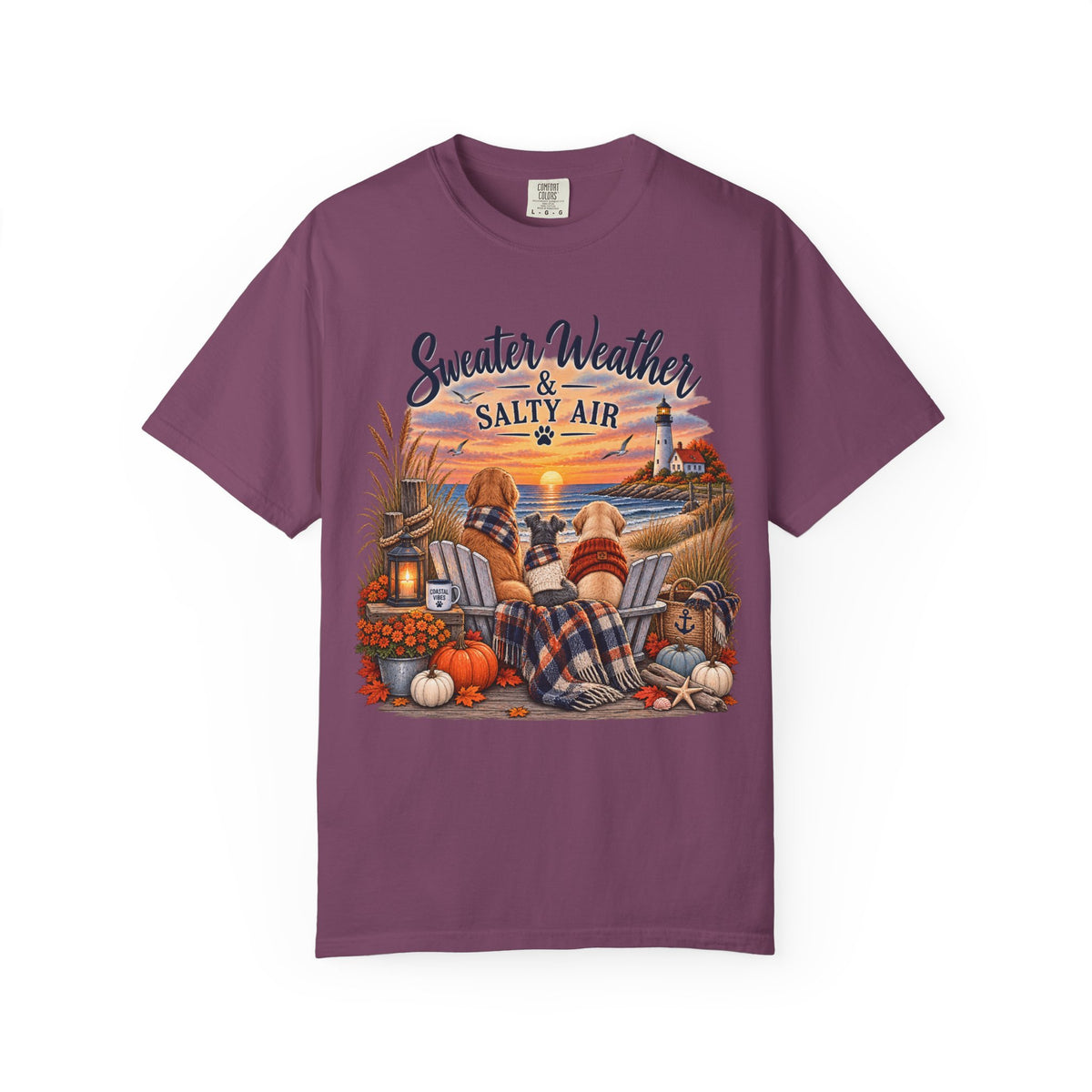 Sweater Weather & Salty Air T-Shirt — Autumn Beach Sunset Graphic Tee