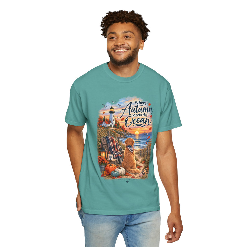 Autumn Meets the Ocean T-Shirt — Cozy Coastal Fall Tee with Golden Retriever