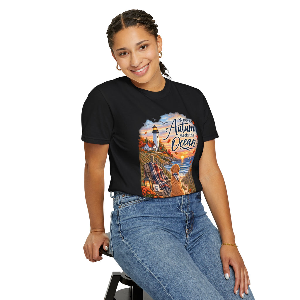 Autumn Meets the Ocean T-Shirt — Cozy Coastal Fall Tee with Golden Retriever