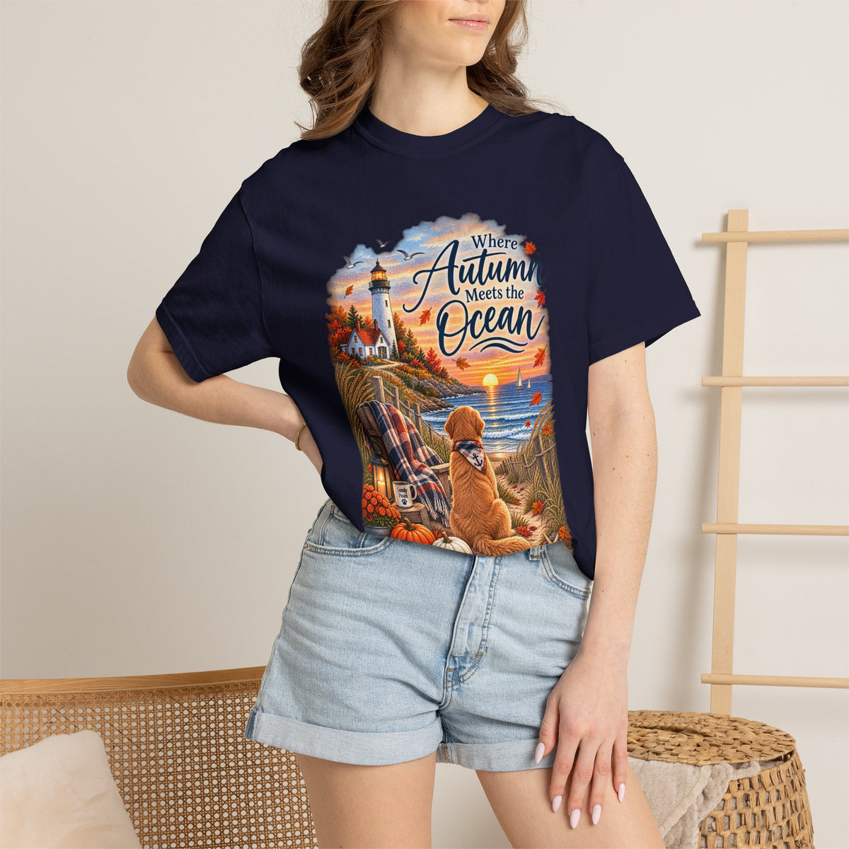 Autumn Meets the Ocean T-Shirt — Cozy Coastal Fall Tee with Golden Retriever