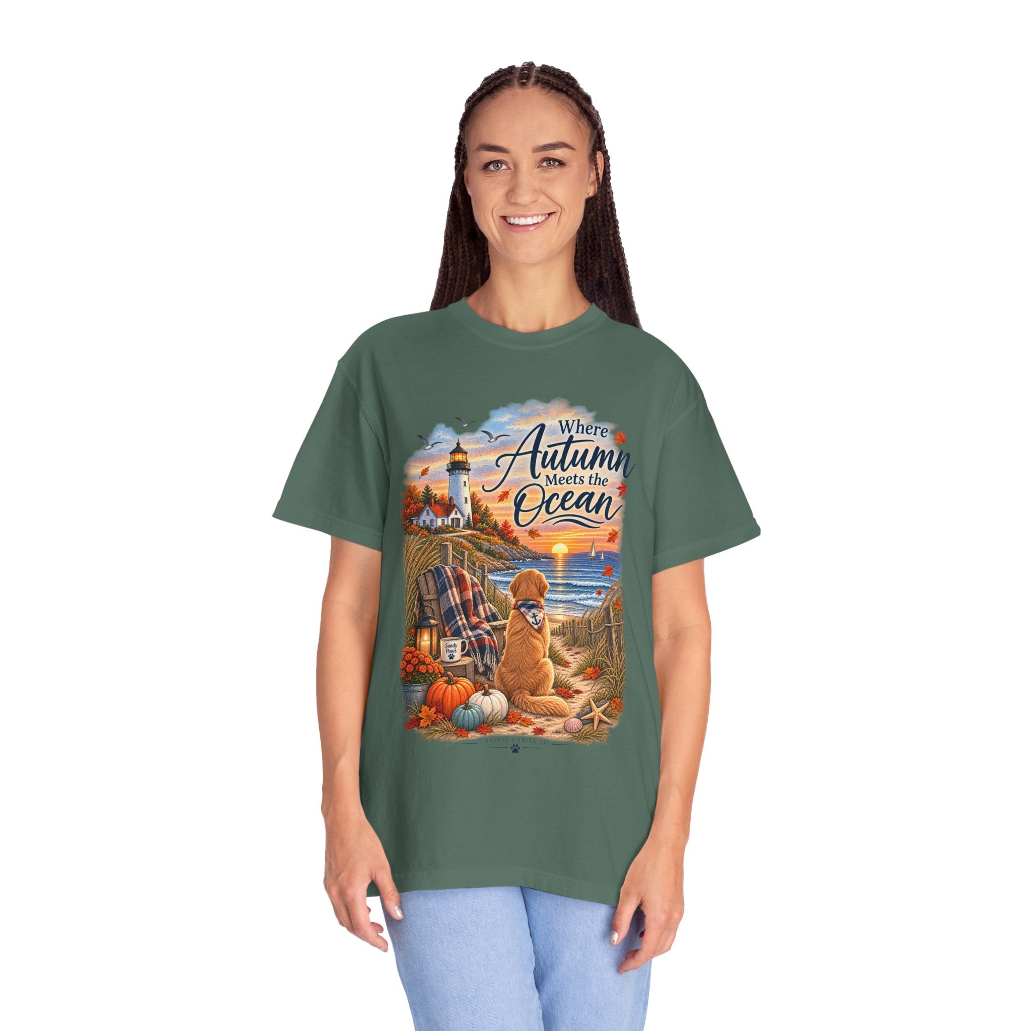Autumn Meets the Ocean T-Shirt — Cozy Coastal Fall Tee with Golden Retriever