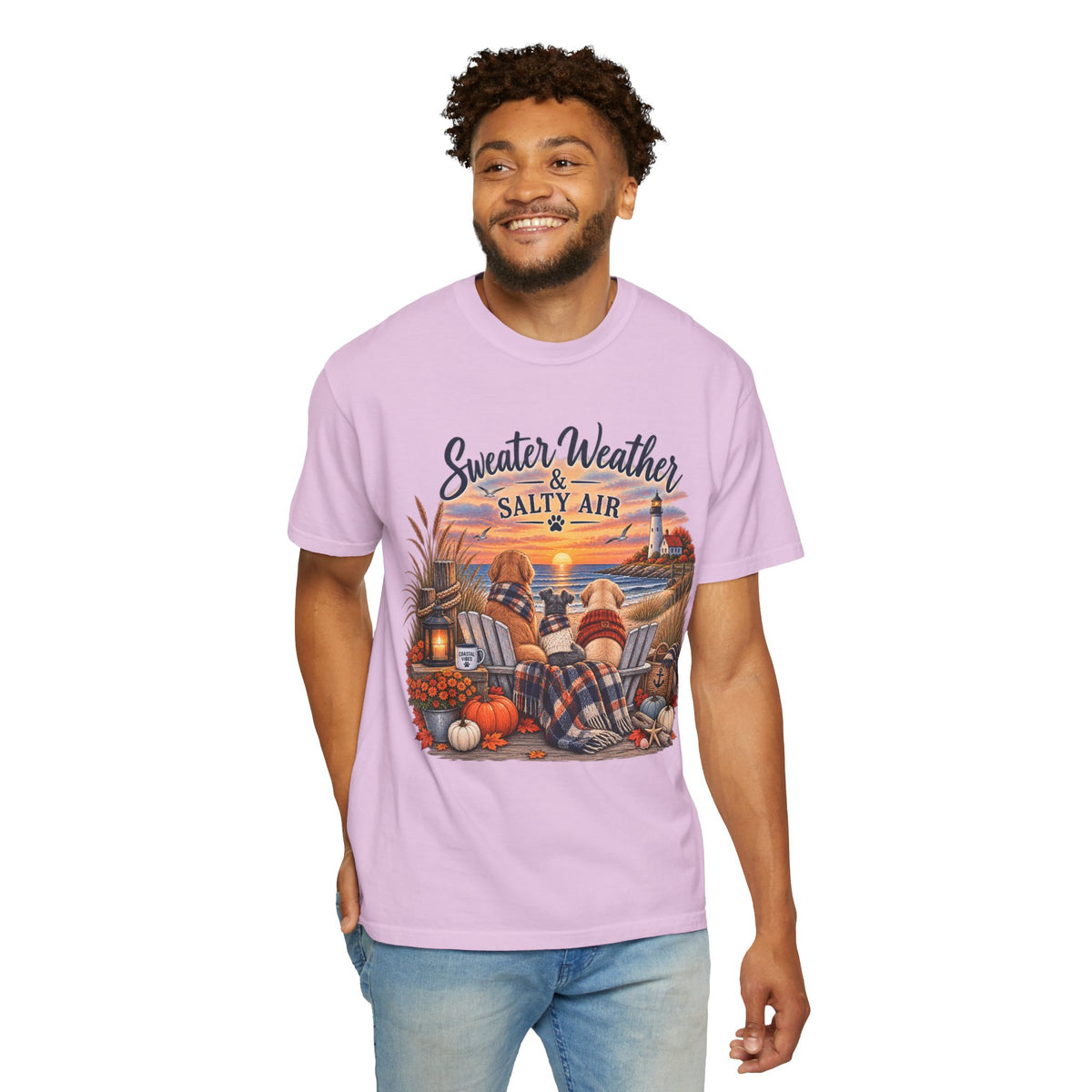 Sweater Weather & Salty Air T-Shirt — Autumn Beach Sunset Graphic Tee