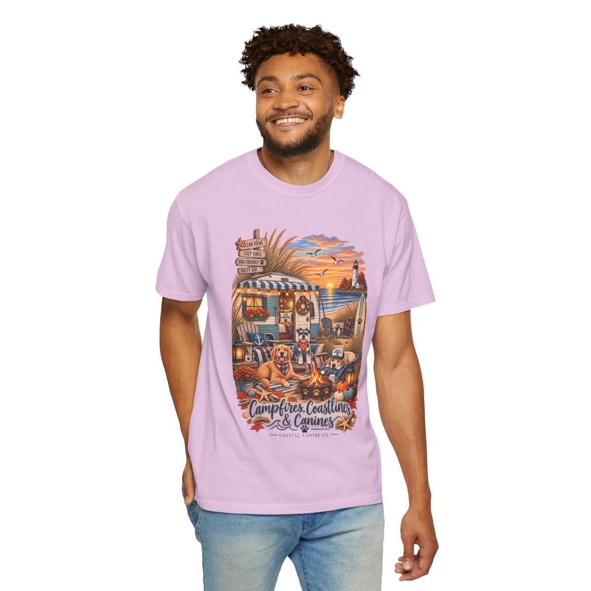 Campfires, Coastlines & Canines T-Shirt — Retro Camper Dog Camping Graphic Tee