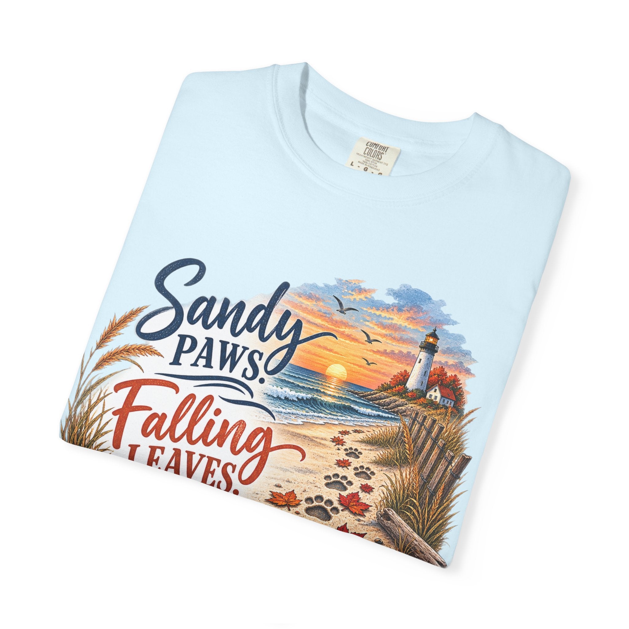 Sandy Paws Falling Leaves Beach T-Shirt — Autumn Coastal Dog Lover Tee