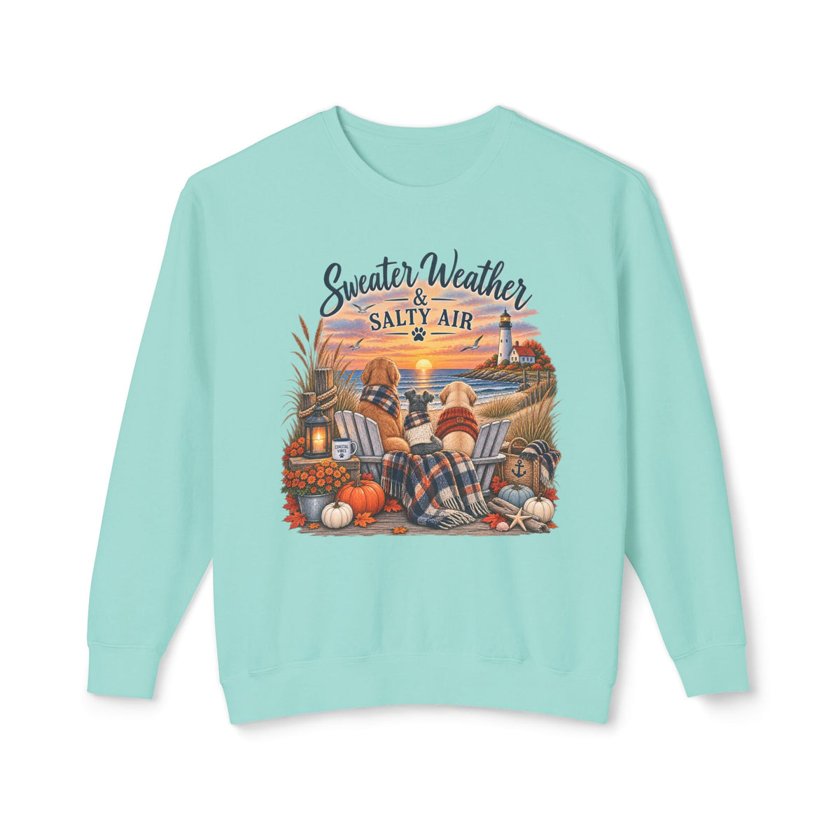 Sweater Weather & Salty Air Crewneck Sweatshirt — Coastal Fall Sunset Design