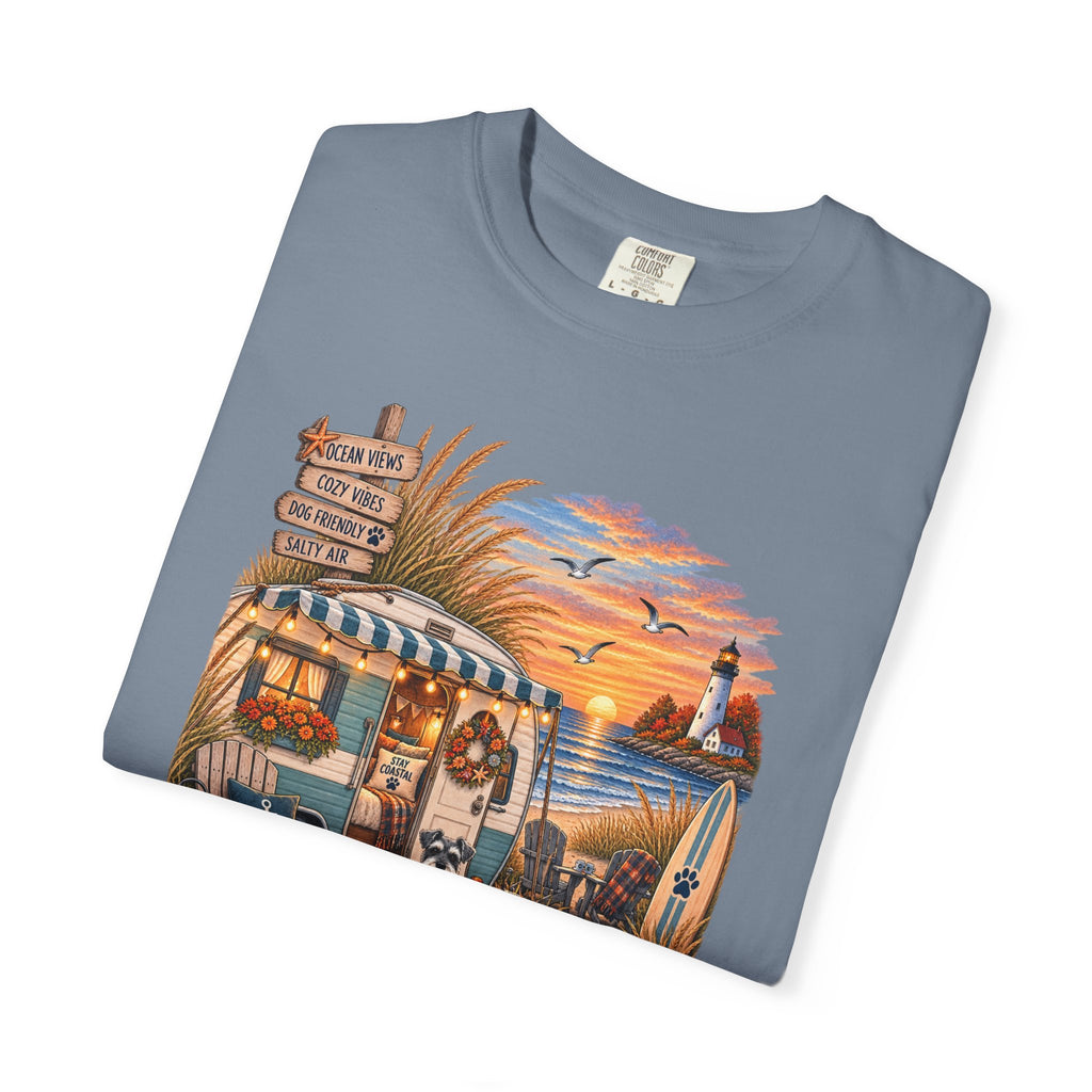 Campfires, Coastlines & Canines T-Shirt — Retro Camper Dog Camping Graphic Tee