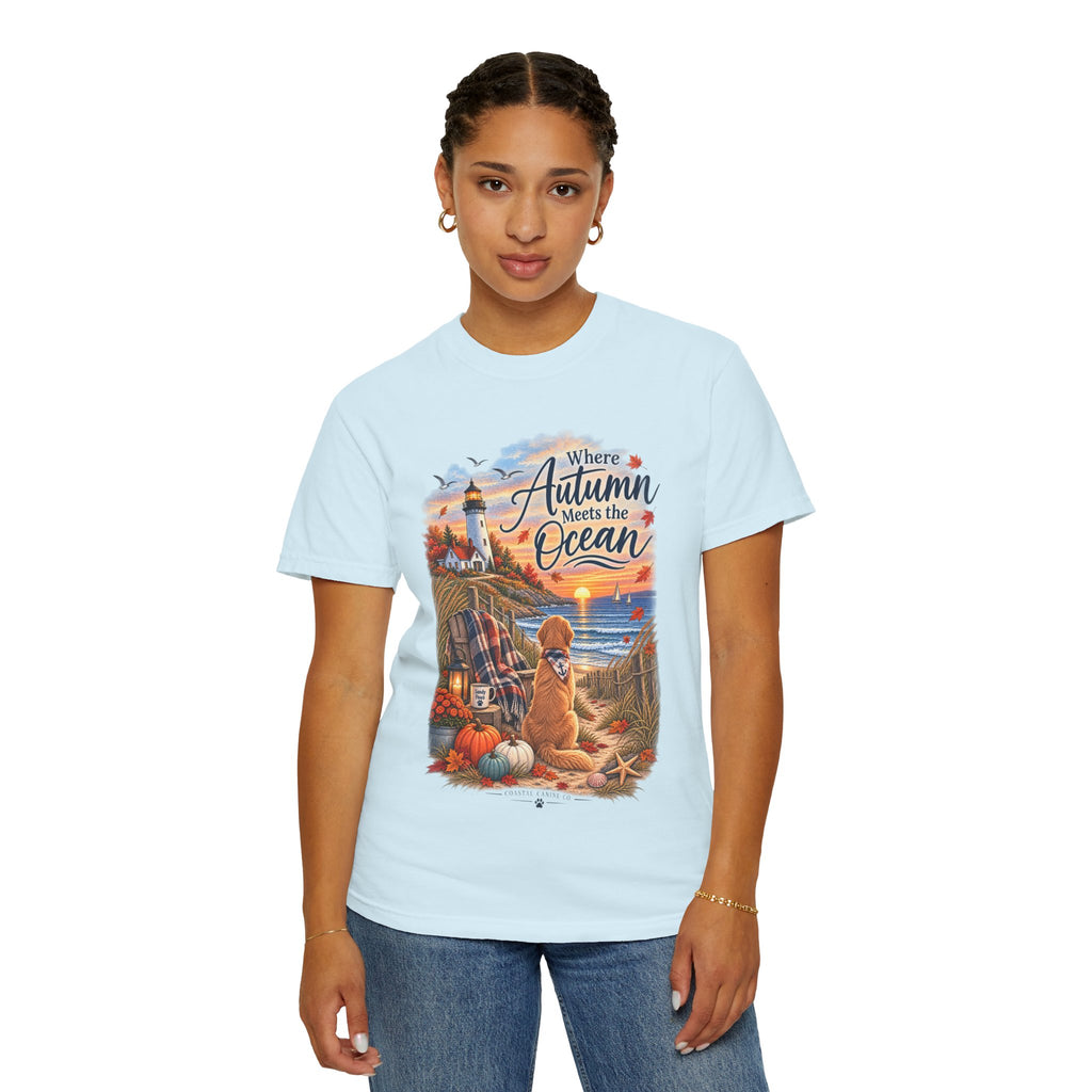 Autumn Meets the Ocean T-Shirt — Cozy Coastal Fall Tee with Golden Retriever