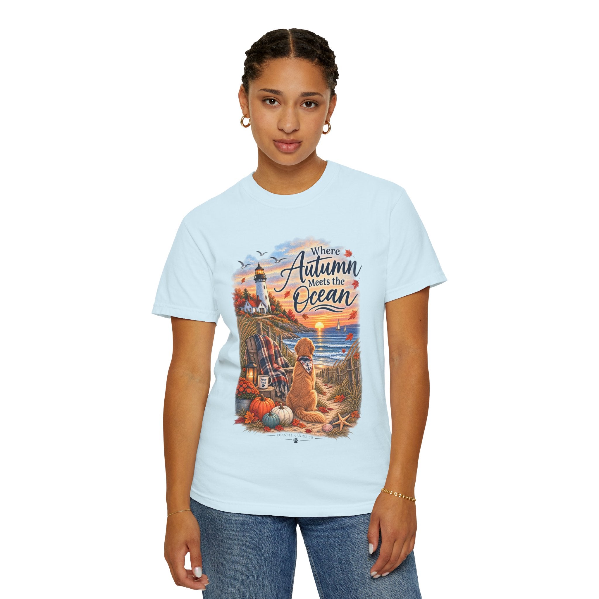 Autumn Meets the Ocean T-Shirt — Cozy Coastal Fall Tee with Golden Retriever
