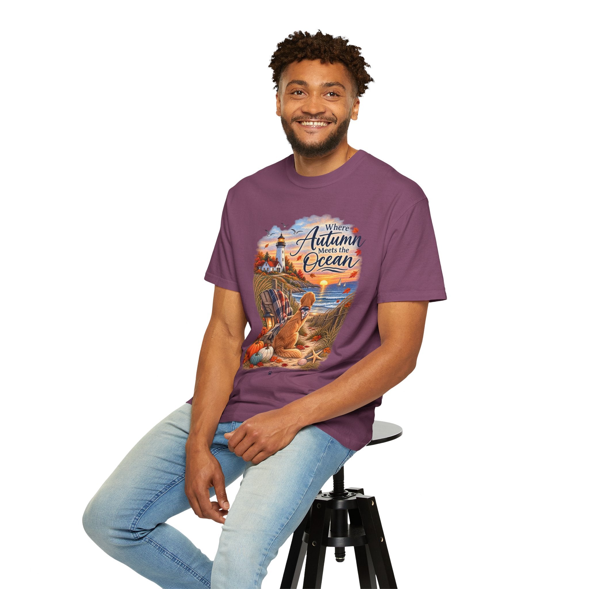 Autumn Meets the Ocean T-Shirt — Cozy Coastal Fall Tee with Golden Retriever